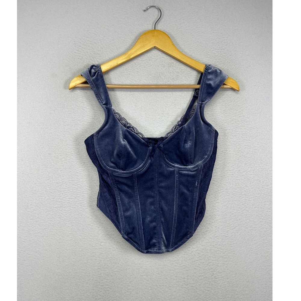 Coquette Goth Forever 21 Women S Blue Velvet Lace Trim Boned Bustier Corset Top